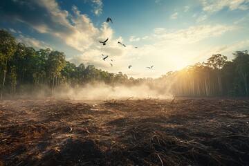 Fototapeta premium Misty deforested land at sunrise with birds flying.