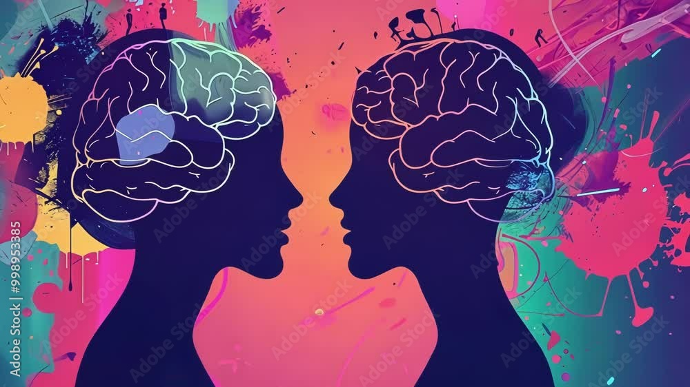 Poster two silhouettes facing each other with brains exposed and connected by a colorful splash background 