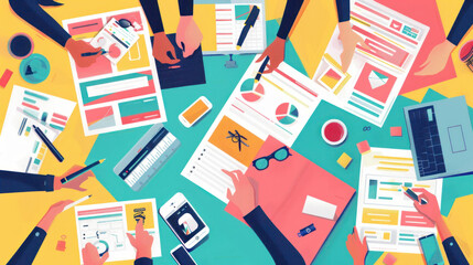 A visual of an advertising team brainstorming ideas for a multi-channel ad campaign to promote a new product.