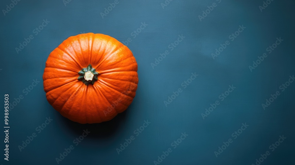 Poster Halloween greeting featuring top view of pumpkin on solid background