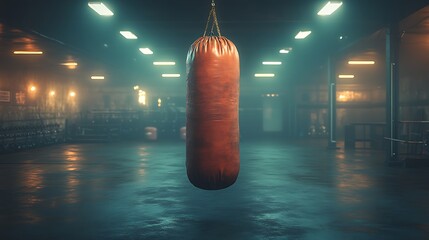 A leather punching bag hangs in a dimly lit gym with soft blue and orange lighting.