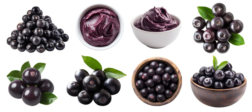 Acai A&ccedil;a&iacute; berry berries fruit, many angles view top front heap pile bowl puree brazilian acai isolated on transparent background cutout, PNG file. Mockup template for artwork graphic design