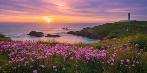 A beautiful sunset over the ocean with a lighthouse in the distance. The sky is filled with pink and orange hues, creating a serene and peaceful atmosphere