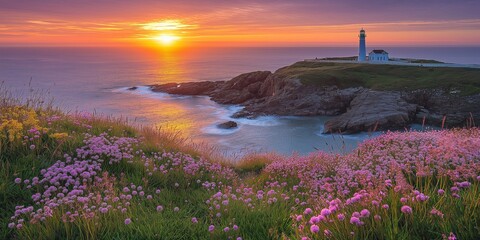 A beautiful sunset over the ocean with a lighthouse in the distance. The sky is filled with a warm orange glow, and the water is calm and serene. The lighthouse stands tall and proud