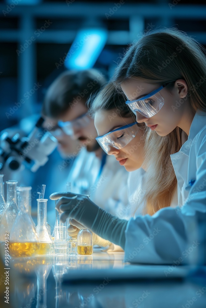 Wall mural a group of scientists are working in a lab, wearing lab coats and goggles. they are looking at a tab