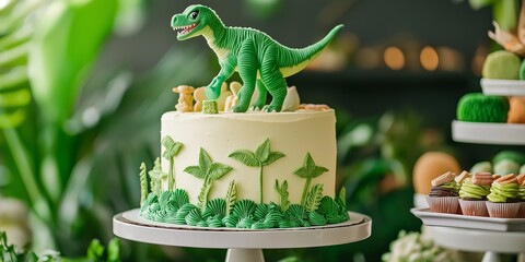 A green dinosaur cake with a green dinosaur on top