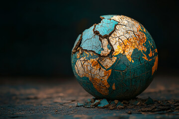 A cracked globe with trading routes symbolizes fragility of our world and interconnectedness of...