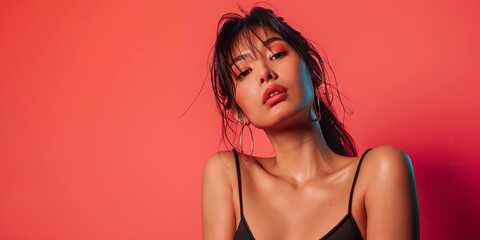 Naklejka premium Fashion, young skinny Asian woman model in a crop top, vibrant background wallpaper backdrop. Copy space, bright colors, photo shoot posing, youth, beauty