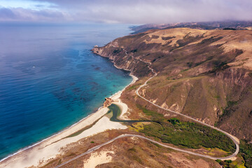 Highway 1 and Big Sur along the Pacific Ocean coast, beautiful landscape and aerial view, sunset, sunrise, fog. Concept, travel, vacation, weekend