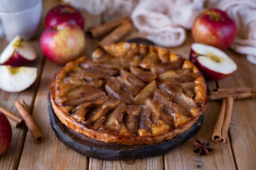 Apple tart. An open pie with apples and cinnamon on a gray background. Sweet dessert for breakfast. Close-up.