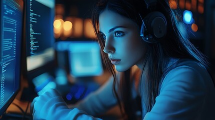  Female cyber security analyst analyzing AI cyberspace threats on computer in dark tech office data centre. Blue lighting. IT specialist ethical hacking 