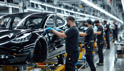 Obraz premium EV automated manufacturing factory with workers. Electric vehicle cars, modern technology, mass production, clean energy future