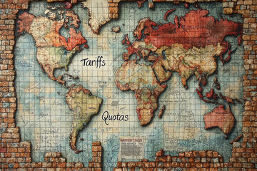 A detailed map of world featuring labeled sections for Tariffs and Quotas, surrounded by brick like border. This artistic representation highlights global trade concepts and geographical regions
