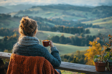 A person sipping coffee on porch overlooking scenic landscape, surrounded by natures beauty. warm colors of autumn create cozy atmosphere