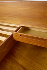 Vintage Queen Bed Frame With Floating Nightstands. Mid-century modern teak furniture. Product photograph.