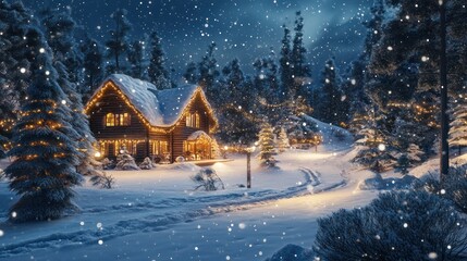 Fototapeta premium Snowy Night with a Cozy Cabin and Twinkling Lights in a Forest