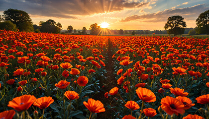 Champ de coquelicots au coucher du soleil