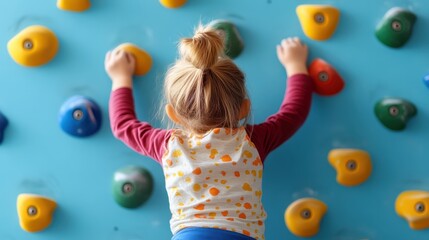Fototapeta premium A young child is seen climbing up a bright blue wall studded with colorful climbing holds, enjoying an engaging and fun indoor climbing experience, showcasing determination.