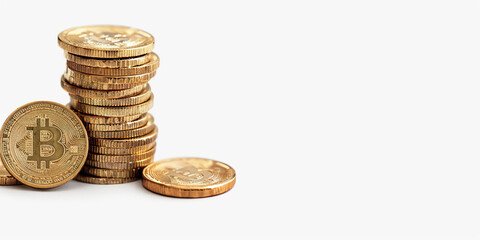 Bitcoin crypto token coins stacked on a white background. Investing success, physical currency blockchain, cryptocurrency, value, rising market