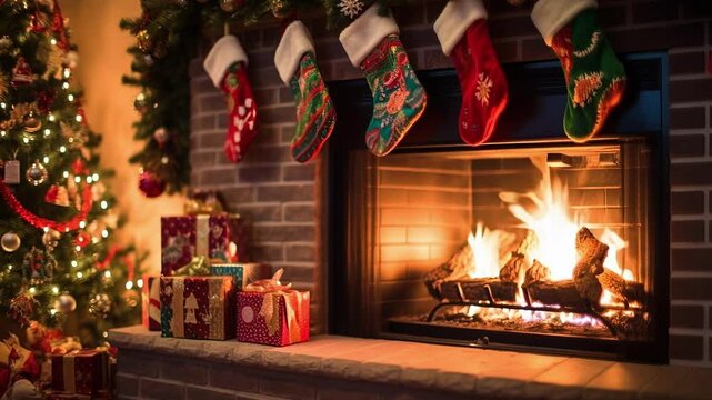 Warm fireplace is burning brightly with christmas stockings hanging from the mantle and wrapped presents stacked below