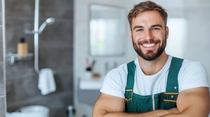 A cheerful handyman in bright green overalls stands with a wide smile in a modern bathroom, exuding readiness and confidence for upcoming plumbing tasks.