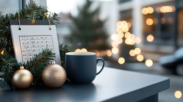 A white mug beside a calendar and festive Christmas tree decorations, capturing a sense of anticipation and holiday spirit, with blurred lights creating a warm, cozy ambiance.