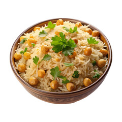 Front view of Pilav with Turkish pilaf, featuring fragrant rice cooked with vermicelli or chickpeas, isolated on a white transparent background