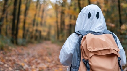 A person in a ghost costume is backpacking through an autumn forest, captured from behind, showcasing the vibrant fall colors and an adventurous spirit.