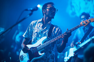 Obraz premium A talented Indonesian man playing bass guitar on stage, immersed in music and surrounded by vibrant blue lighting. His focused expression captures energy of performance