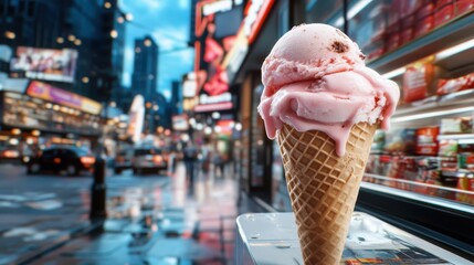 A pink double scoop ice cream cone sits on a stand in a vibrant city street at night with illuminated signs and a busy urban atmosphere in the background.