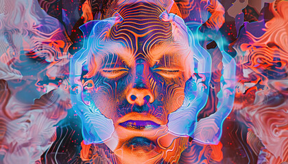 Surreal, psychedelic, trippy, retro meditation background. Mindfulness, woman portrait, copy space, neon orange, cyan, purple colors, modern aesthetic, wallpaper