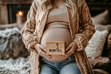 A pregnant woman holding wooden block that says 9 months is captured in cozy setting. warm tones and soft textures create serene atmosphere, highlighting beauty of motherhood