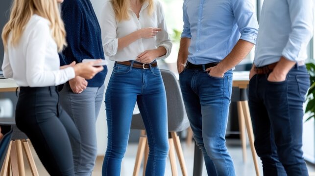 A group of people stands in a casual indoor setting, engaged in conversation and bonding with each other, highlighting a friendly atmosphere and social interaction.