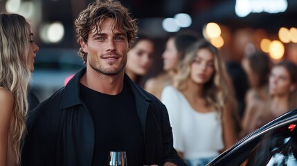 Fototapeta premium A confident man posing casually with a drink surrounded by night city lights, capturing modern urban life, style, and the excitement of nightlife adventures.