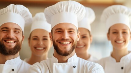 A group of five chefs in white hats and uniforms smile warmly, standing close together in a kitchen environment, portraying unity and happiness in their work.