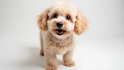 Surprised poodle with curly hair on white background