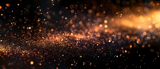 Obraz premium Glowing golden glitter particles scattered across a dark background, creating a vibrant bokeh effect. The abstract pattern enhances the sense of depth and light