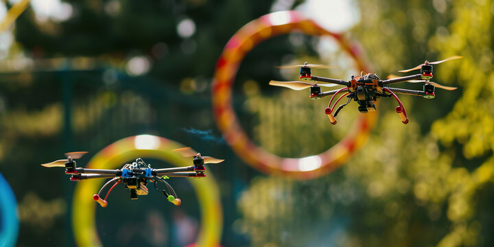 Drone race, FPV drones flying through obstacles, competition, sport. Innovation, commercial drone pilot training, contest