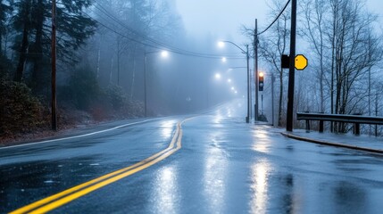 A foggy road is illuminated by street lights and a traffic signal early in the morning. The road appears wet, and bare trees add to the misty atmosphere.