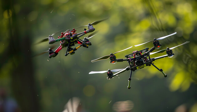 Drone race, FPV drones flying through obstacles, competition, sport. Innovation, commercial drone pilot training, contest