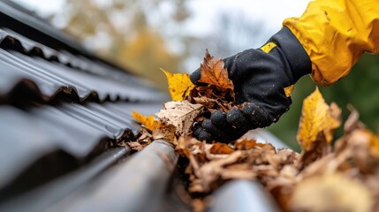 A gloved hand clears dry autumn leaves from a roof gutter, demonstrating the importance of annual upkeep and preparation for seasonal changes to maintain a safe and functional home.