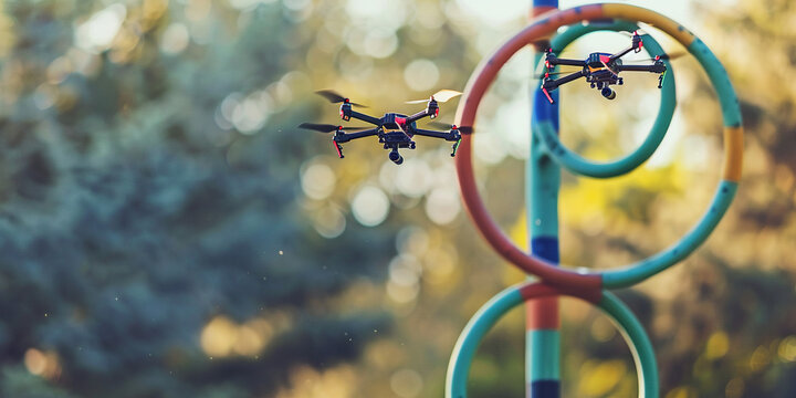 Drone race, FPV drones flying through obstacles, competition, sport. Innovation, commercial drone pilot training, contest