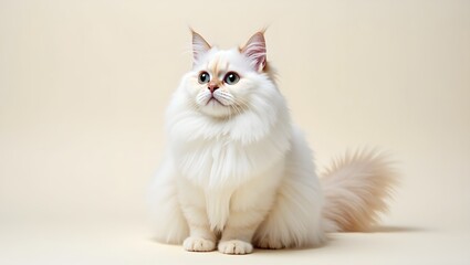 Fototapeta premium Surprised Turkish Angora cat with silky white fur on off white background