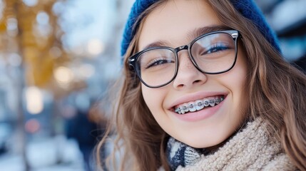 A young girl with braces and glasses beams with joy, wearing winter attire that adds warmth to the snowy background, showcasing happiness and playful spirit.
