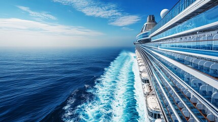 A Tranquil Voyage: The Majestic Wake of a Cruise Ship Cutting Through Calm Blue Waters Under a Radiant Sky on a Perfect Sunny Day