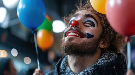 An individual holds colorful balloons while their face remains blurred, creating an intriguing image that combines elements of festivity and ambiguity against a vibrant background.