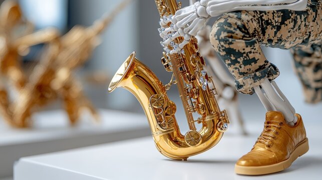 A skeleton dressed in a camouflage outfit plays a golden saxophone, merging themes of music, art, and the surreal in a visually captivating and thought-provoking composition.