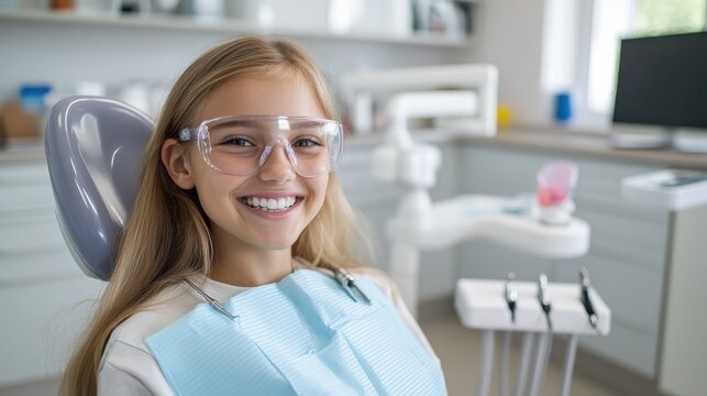 A young girl is seated in a dental office chair, smiling while wearing protective goggles, indicating a comfortable and encouraging dental experience. - Powered by Adobe