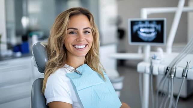 A woman sits smiling in a dental chair with a protective bib while a digital X-ray monitor is visible in the background, representing modern dental care techniques.