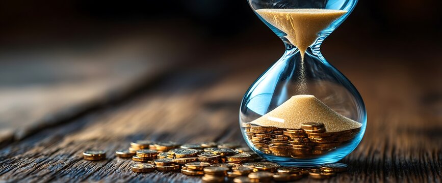 An hourglass filled with gold coins rests on a wooden surface, symbolizing the passage of time and the value of money.